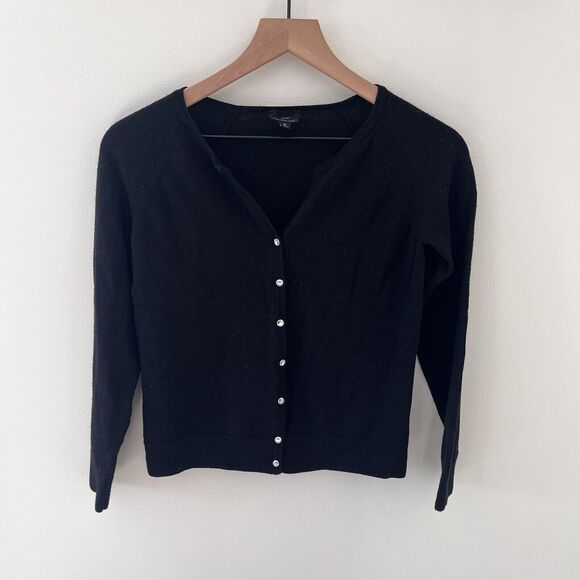 100% Pure Italian Merino Wool Black Cardigan Rhinestone Buttons - Medium - Picture 9 of 9